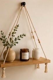 Minimal Hanging Wooden Shelf | Macramé Wall Shelf | Boho Plant Shelf | Handmade Scandinavian Wall Decor | Small Wood Floating Shelf Canada