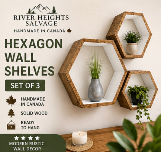 Hexagon Floating Wall Shelves Set of 3 | Handmade Honeycomb Shelves | Rustic Wood Wall Decor | Modern Farmhouse Display Shelves | Nursery