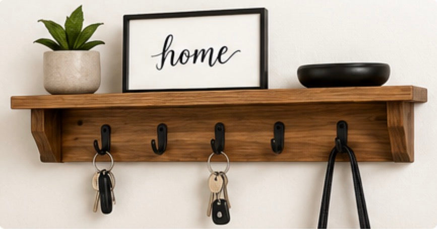 Entryway Organizer with Hooks | Handmade Wood Key Holder Shelf | Wall Mail Organizer | Entryway Shelf | Mudroom Storage | Housewarming Gift