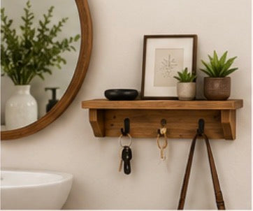 Entryway Organizer with Hooks | Handmade Wood Key Holder Shelf | Wall Mail Organizer | Entryway Shelf | Mudroom Storage | Housewarming Gift