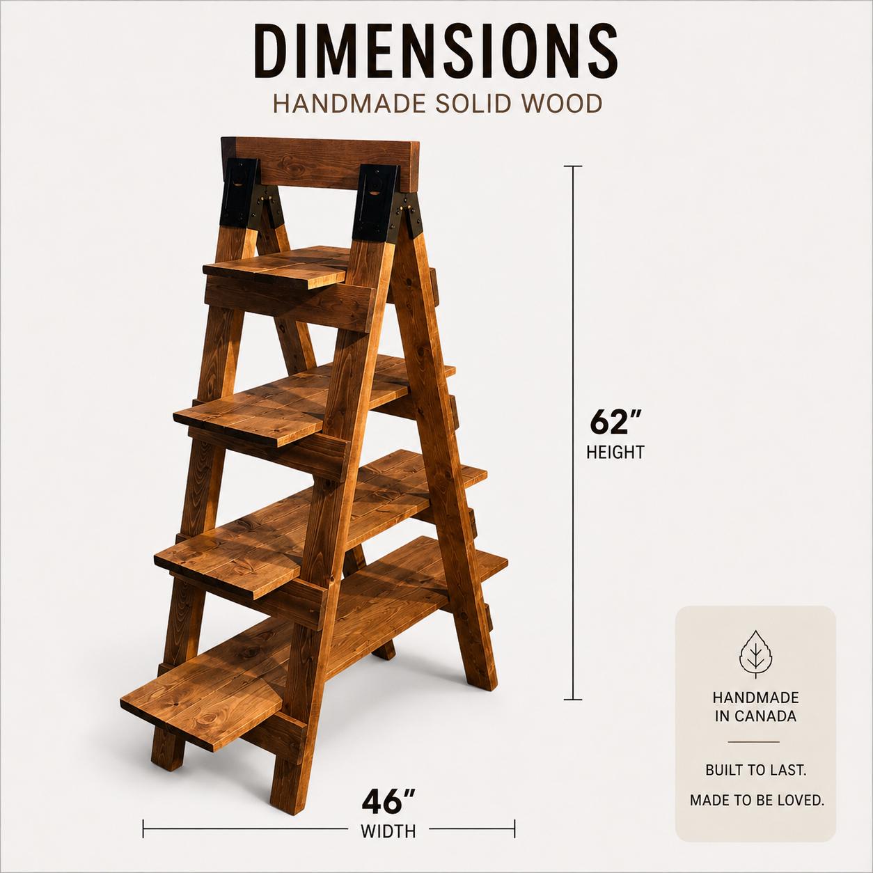 Solid Wood Ladder Bookshelf | Handmade Rustic Bookcase | Modern Farmhouse Display Shelf | A-Frame Bookshelf | Custom Sizes | Made in Canada