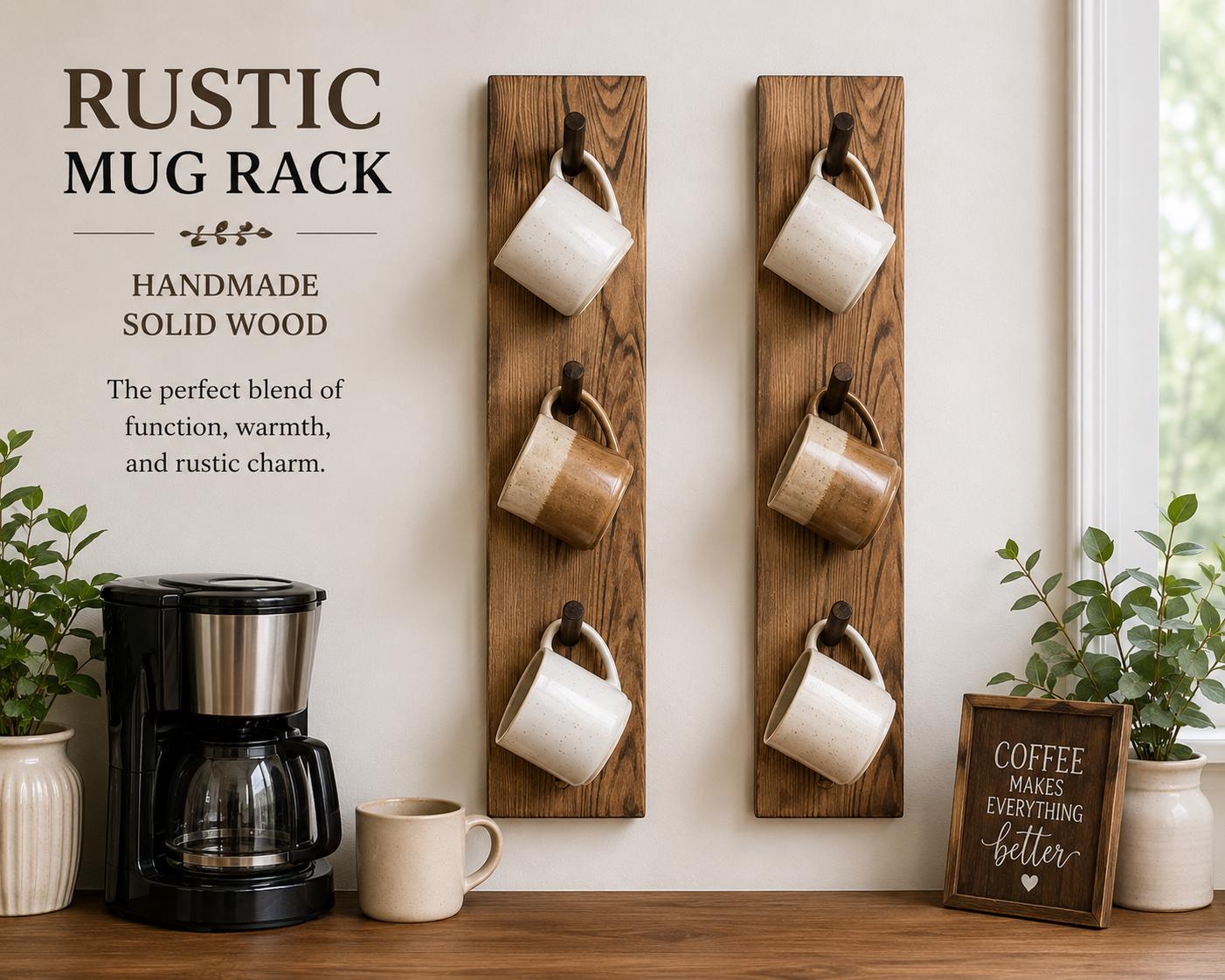 Rustic Mug Tree | Handmade Wooden Mug Holder | Farmhouse Coffee Bar Organizer | Countertop Coffee Cup Rack | Coffee Station Decor | Wood