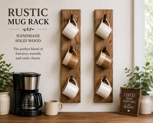 Rustic Mug Tree | Handmade Wooden Mug Holder | Farmhouse Coffee Bar Organizer | Countertop Coffee Cup Rack | Coffee Station Decor | Wood