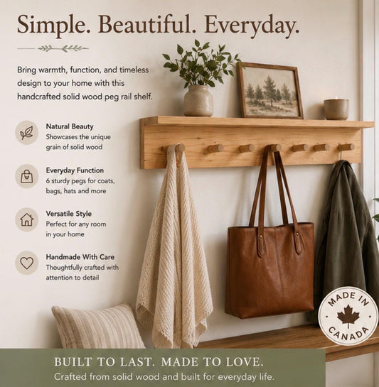 Wood Peg Rail Shelf | Modern Coat Rack with Shelf | Entryway Organizer | Rustic Wall Shelf | Mudroom Storage | Farmhouse Coat Hooks