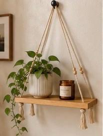 Minimal Hanging Wooden Shelf | Macramé Wall Shelf | Boho Plant Shelf | Handmade Scandinavian Wall Decor | Small Wood Floating Shelf Canada