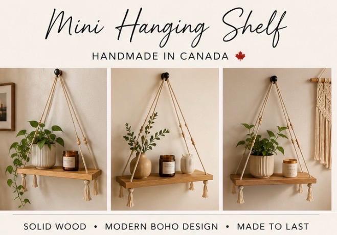 Minimal Hanging Wooden Shelf | Macramé Wall Shelf | Boho Plant Shelf | Handmade Scandinavian Wall Decor | Small Wood Floating Shelf Canada