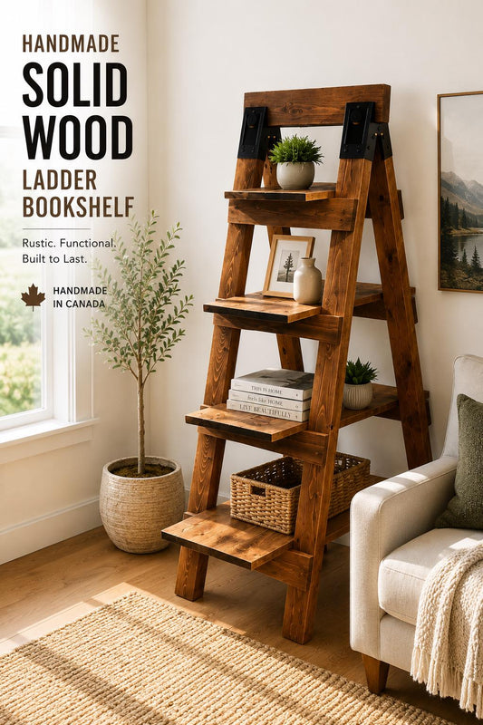 Solid Wood Ladder Bookshelf | Handmade Rustic Bookcase | Modern Farmhouse Display Shelf | A-Frame Bookshelf | Custom Sizes | Made in Canada