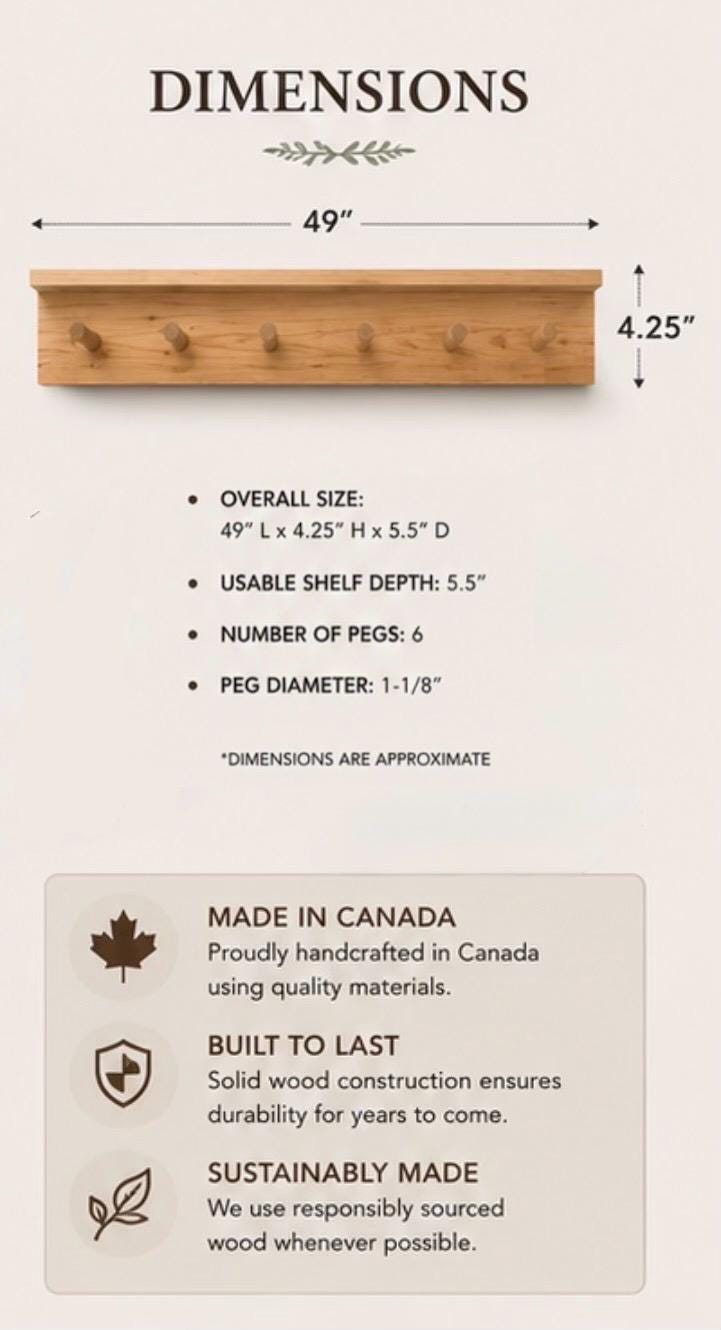 Wood Peg Rail Shelf | Modern Coat Rack with Shelf | Entryway Organizer | Rustic Wall Shelf | Mudroom Storage | Farmhouse Coat Hooks