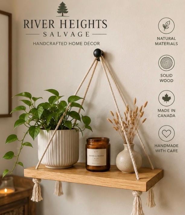 Minimal Hanging Wooden Shelf | Macramé Wall Shelf | Boho Plant Shelf | Handmade Scandinavian Wall Decor | Small Wood Floating Shelf Canada