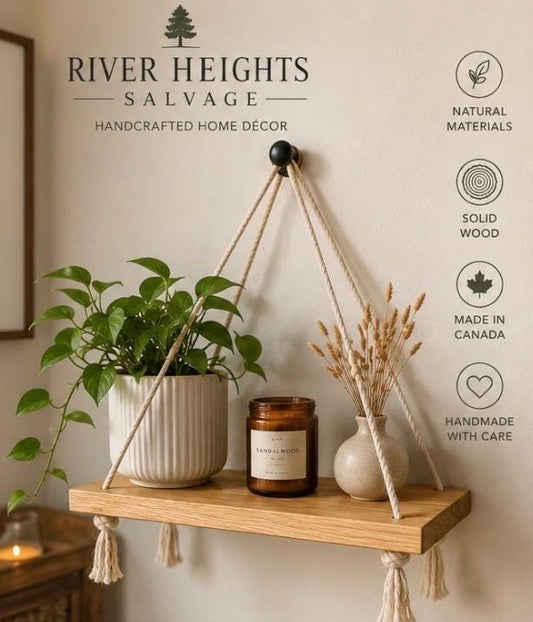 Minimal Hanging Wooden Shelf | Macramé Wall Shelf | Boho Plant Shelf | Handmade Scandinavian Wall Decor | Small Wood Floating Shelf Canada
