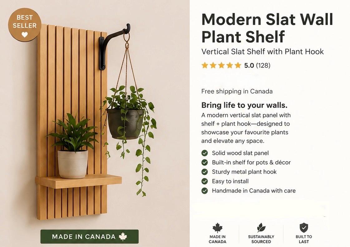 Modern Slat Wall Plant Shelf with Hanging Hook | Handmade Solid Wood Plant Display | Scandinavian Boho Wall Decor | Made in Canada